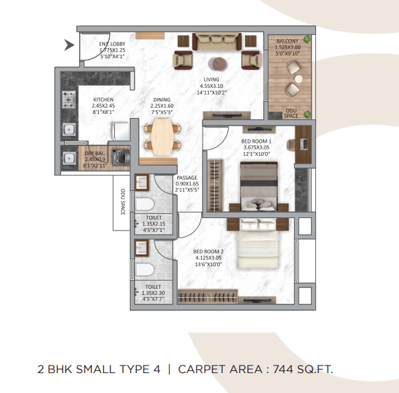 2 BHK | 744 sq.ft. Floor Plan